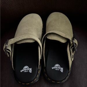 Dr. Martens Khaki Suede Buckle Clogs